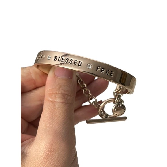 BCBGeneration Rose Gold-tone Rhinestone Happy Blessed Free Bangle Cuff Bracelet - Picture 5 of 10